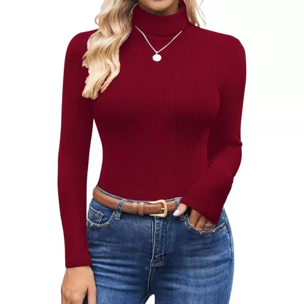 Ekouaer Womens Turtleneck Shirts Ribbed Pullover Sweater Long Sleeves Tops Midweight Thermal Underwear BlouseDark Red