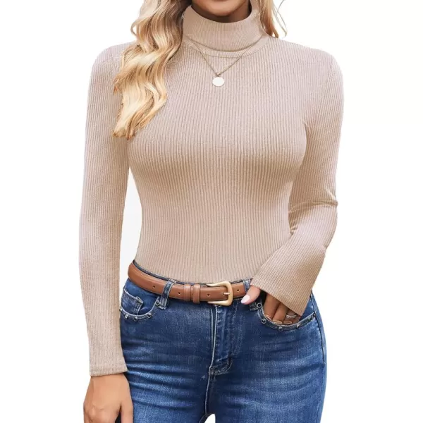 Ekouaer Womens Turtleneck Shirts Ribbed Pullover Sweater Long Sleeves Tops Midweight Thermal Underwear BlouseKhaki