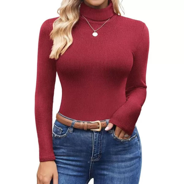 Ekouaer Womens Turtleneck Shirts Ribbed Pullover Sweater Long Sleeves Tops Midweight Thermal Underwear BlouseWine Red