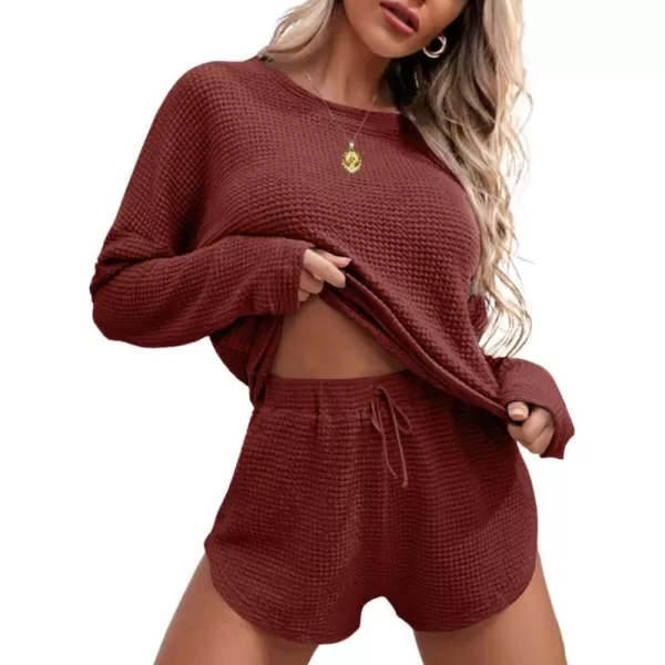 Ekouaer Womens Waffle Knit Pajama Sets Long Sleeve Top and Shorts Matching Lounge Set Loungewear Sweatsuit with PocketsMaroon