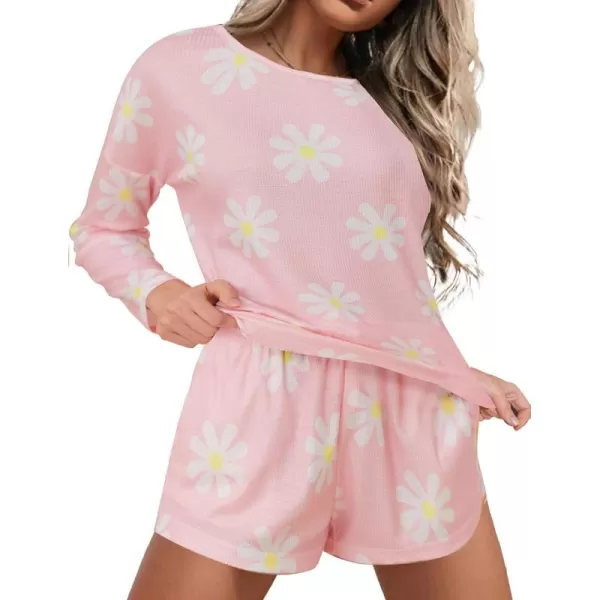 Ekouaer Womens Waffle Knit Pajama Sets Long Sleeve Top and Shorts Matching Lounge Set Loungewear Sweatsuit with PocketsPink Flower