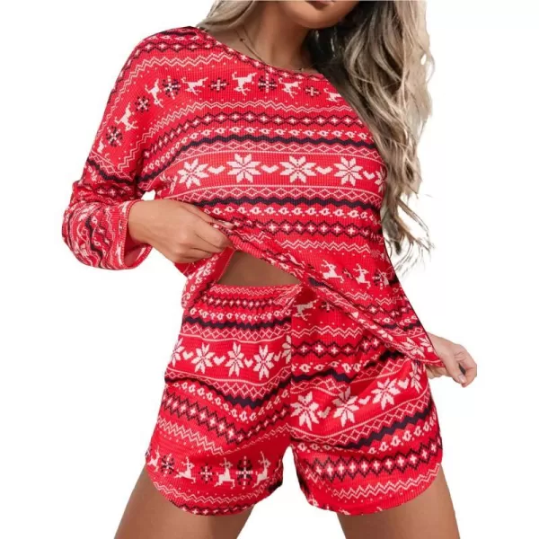 Ekouaer Womens Waffle Knit Pajama Sets Long Sleeve Top and Shorts Matching Lounge Set Loungewear Sweatsuit with PocketsRed Christmas Pattern