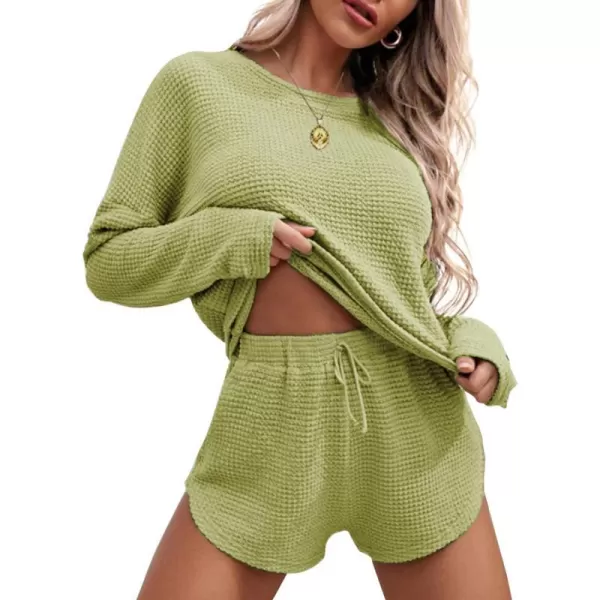 Ekouaer Womens Waffle Knit Pajama Sets Long Sleeve Top and Shorts Matching Lounge Set Loungewear Sweatsuit with PocketsYellow Green