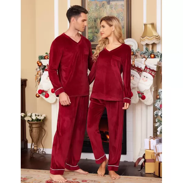 Ekouaer Couples Matching Pajamas Sets Velvet PJs Set for Men and Women Velour Long Sleeve Sleepwear SXXLMen Wine Red