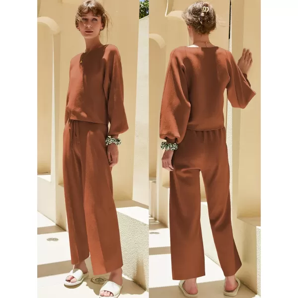 Ekouaer Knit Lounge Sets for Women 2 Piece Cozy Long Sleeve Pullover Sweater Top and Wide Leg Pants Set Pajamas OutfitsBrown