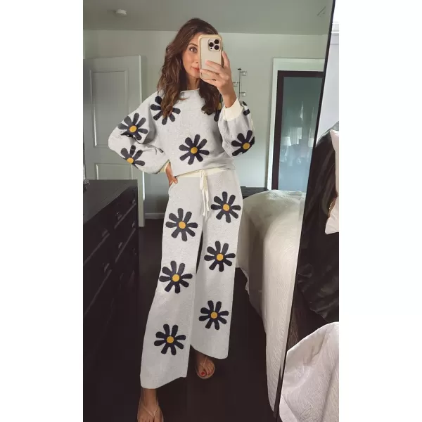 Ekouaer Knit Lounge Sets for Women 2 Piece Cozy Long Sleeve Pullover Sweater Top and Wide Leg Pants Set Pajamas OutfitsFloral Beige