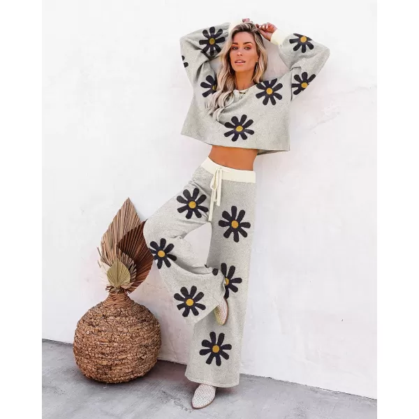 Ekouaer Knit Lounge Sets for Women 2 Piece Cozy Long Sleeve Pullover Sweater Top and Wide Leg Pants Set Pajamas OutfitsFloral Beige