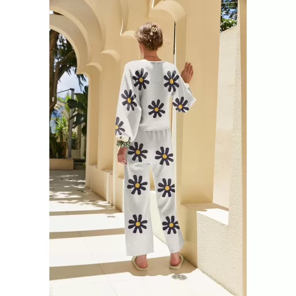 Ekouaer Knit Lounge Sets for Women 2 Piece Cozy Long Sleeve Pullover Sweater Top and Wide Leg Pants Set Pajamas OutfitsFloral Beige