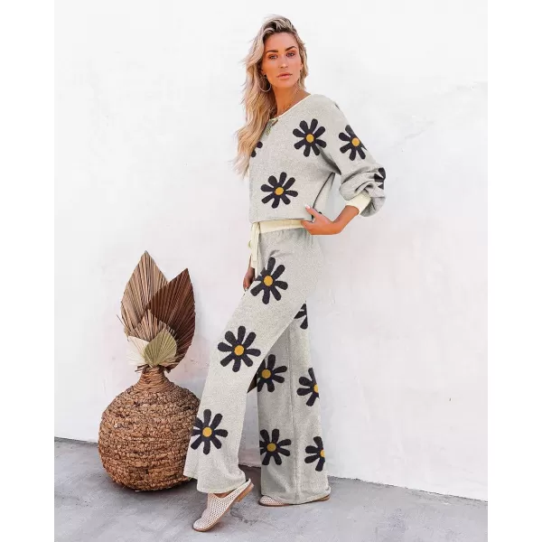 Ekouaer Knit Lounge Sets for Women 2 Piece Cozy Long Sleeve Pullover Sweater Top and Wide Leg Pants Set Pajamas OutfitsFloral Beige