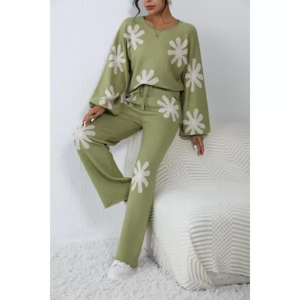 Ekouaer Knit Lounge Sets for Women 2 Piece Cozy Long Sleeve Pullover Sweater Top and Wide Leg Pants Set Pajamas OutfitsFloral Green