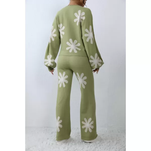 Ekouaer Knit Lounge Sets for Women 2 Piece Cozy Long Sleeve Pullover Sweater Top and Wide Leg Pants Set Pajamas OutfitsFloral Green
