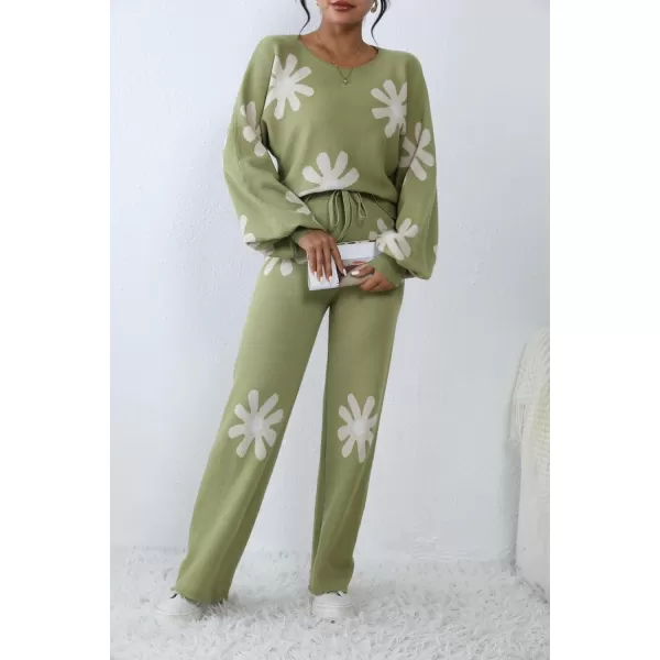 Ekouaer Knit Lounge Sets for Women 2 Piece Cozy Long Sleeve Pullover Sweater Top and Wide Leg Pants Set Pajamas OutfitsFloral Green