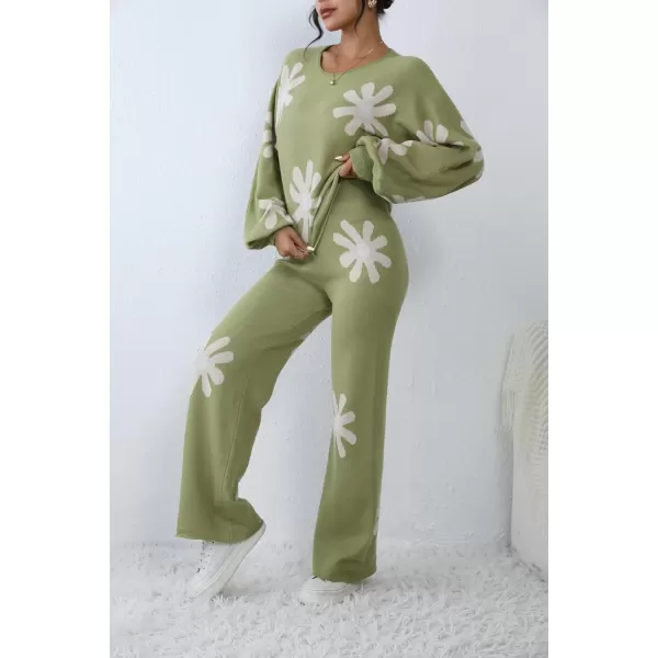 Ekouaer Knit Lounge Sets for Women 2 Piece Cozy Long Sleeve Pullover Sweater Top and Wide Leg Pants Set Pajamas OutfitsFloral Green