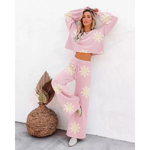 Ekouaer Knit Lounge Sets for Women 2 Piece Cozy Long Sleeve Pullover Sweater Top and Wide Leg Pants Set Pajamas OutfitsFloral Pink