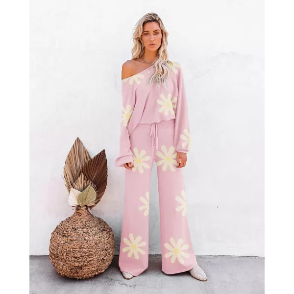 Ekouaer Knit Lounge Sets for Women 2 Piece Cozy Long Sleeve Pullover Sweater Top and Wide Leg Pants Set Pajamas OutfitsFloral Pink