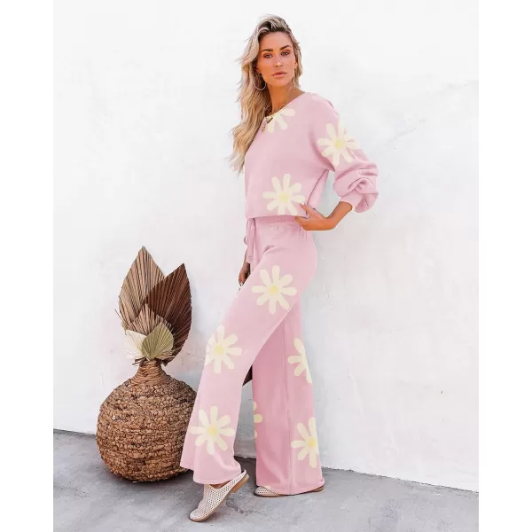 Ekouaer Knit Lounge Sets for Women 2 Piece Cozy Long Sleeve Pullover Sweater Top and Wide Leg Pants Set Pajamas OutfitsFloral Pink