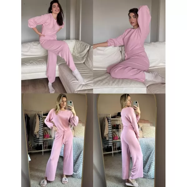 Ekouaer Knit Lounge Sets for Women 2 Piece Cozy Long Sleeve Pullover Sweater Top and Wide Leg Pants Set Pajamas OutfitsLotus Pink