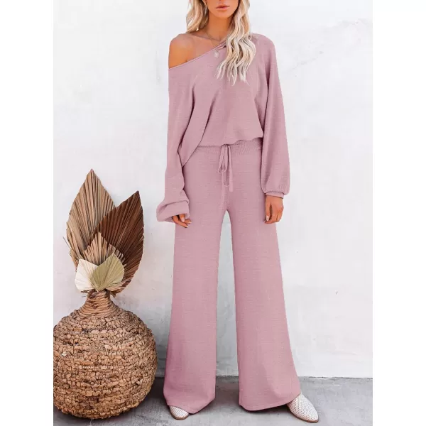 Ekouaer Knit Lounge Sets for Women 2 Piece Cozy Long Sleeve Pullover Sweater Top and Wide Leg Pants Set Pajamas OutfitsLotus Pink