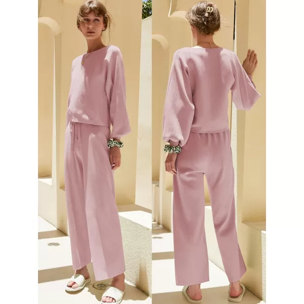 Ekouaer Knit Lounge Sets for Women 2 Piece Cozy Long Sleeve Pullover Sweater Top and Wide Leg Pants Set Pajamas OutfitsLotus Pink