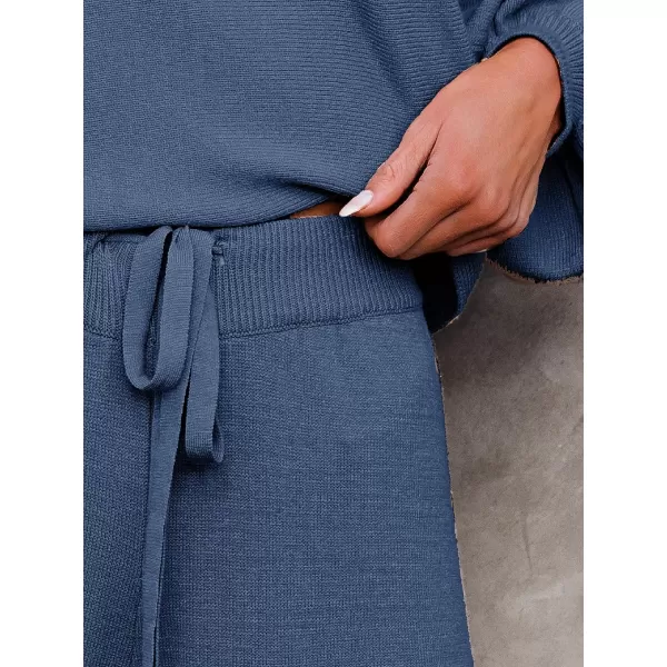 Ekouaer Knit Lounge Sets for Women 2 Piece Cozy Long Sleeve Pullover Sweater Top and Wide Leg Pants Set Pajamas OutfitsNavy