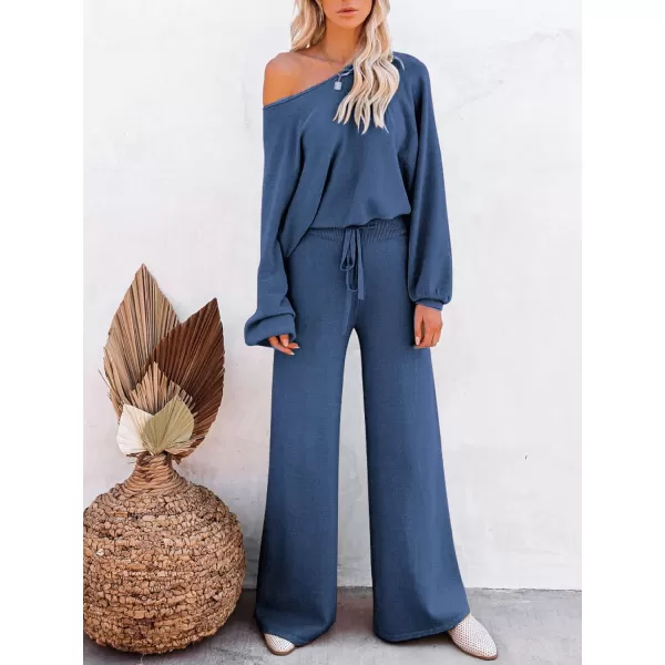 Ekouaer Knit Lounge Sets for Women 2 Piece Cozy Long Sleeve Pullover Sweater Top and Wide Leg Pants Set Pajamas OutfitsNavy
