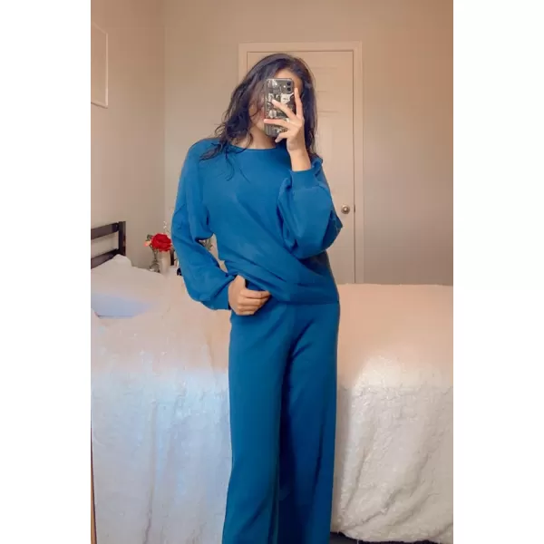 Ekouaer Knit Lounge Sets for Women 2 Piece Cozy Long Sleeve Pullover Sweater Top and Wide Leg Pants Set Pajamas OutfitsNavy