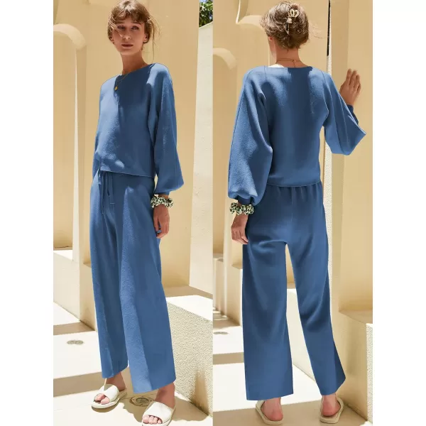 Ekouaer Knit Lounge Sets for Women 2 Piece Cozy Long Sleeve Pullover Sweater Top and Wide Leg Pants Set Pajamas OutfitsNavy