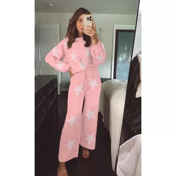 Ekouaer Knit Lounge Sets for Women 2 Piece Cozy Long Sleeve Pullover Sweater Top and Wide Leg Pants Set Pajamas OutfitsStar Pink