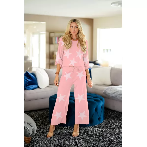 Ekouaer Knit Lounge Sets for Women 2 Piece Cozy Long Sleeve Pullover Sweater Top and Wide Leg Pants Set Pajamas OutfitsStar Pink