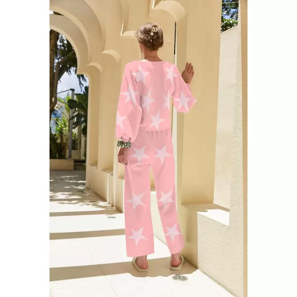 Ekouaer Knit Lounge Sets for Women 2 Piece Cozy Long Sleeve Pullover Sweater Top and Wide Leg Pants Set Pajamas OutfitsStar Pink