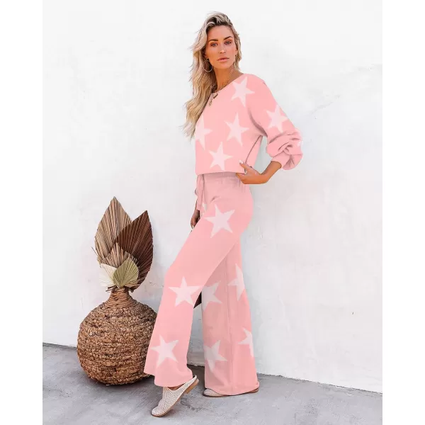 Ekouaer Knit Lounge Sets for Women 2 Piece Cozy Long Sleeve Pullover Sweater Top and Wide Leg Pants Set Pajamas OutfitsStar Pink