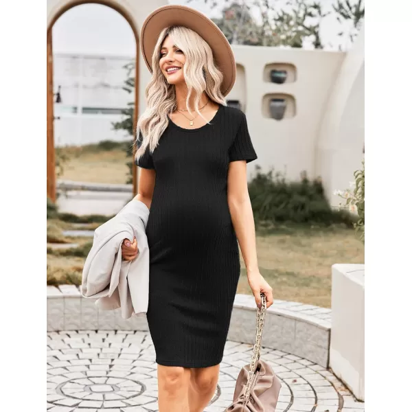 Ekouaer Maternity Dress Rib Knit Short Sleeve Bodycon Dresses Casual Stretchy Pregnancy Clothes SXXLBlack