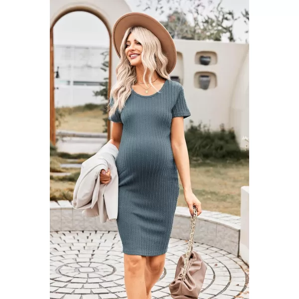 Ekouaer Maternity Dress Rib Knit Short Sleeve Bodycon Dresses Casual Stretchy Pregnancy Clothes SXXLBlue