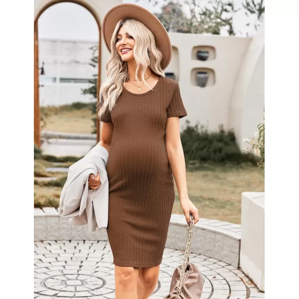 Ekouaer Maternity Dress Rib Knit Short Sleeve Bodycon Dresses Casual Stretchy Pregnancy Clothes SXXLBrown