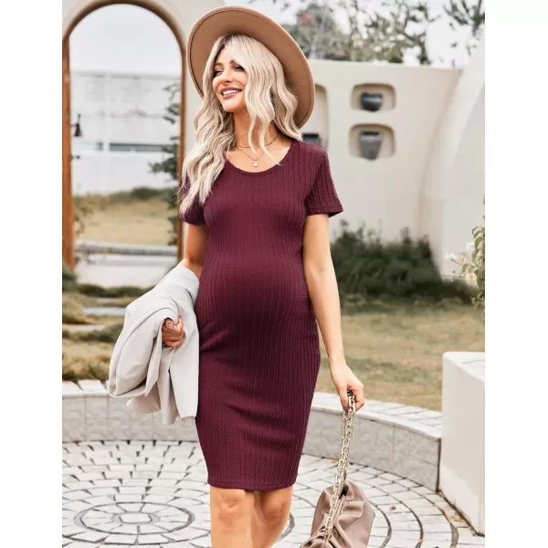 Ekouaer Maternity Dress Rib Knit Short Sleeve Bodycon Dresses Casual Stretchy Pregnancy Clothes SXXLBurgundy