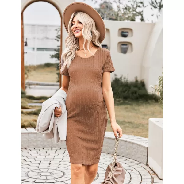 Ekouaer Maternity Dress Rib Knit Short Sleeve Bodycon Dresses Casual Stretchy Pregnancy Clothes SXXLKhaki