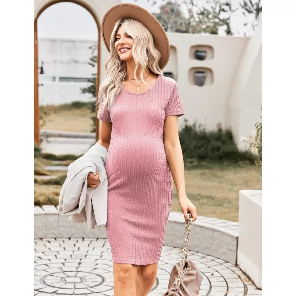 Ekouaer Maternity Dress Rib Knit Short Sleeve Bodycon Dresses Casual Stretchy Pregnancy Clothes SXXLPink