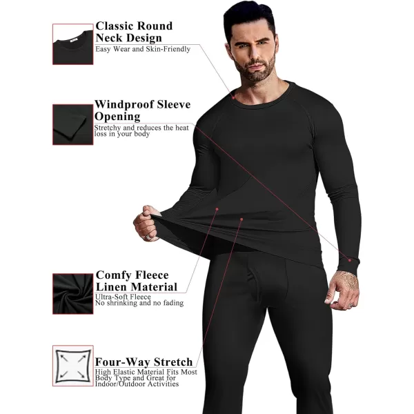 Ekouaer Mens Long Johns Thermal Underwear Micro Soft Fleece Lined Base Layer Set Cold Weather Warm Underwear Top and BottomBlack