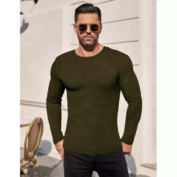 Ekouaer Mens Long Sleeve Shirts Ribbed Pullover Sweater Sim Fit Thermal Tops Crew Neck Stretchy Undershirts SXXLArmy Green