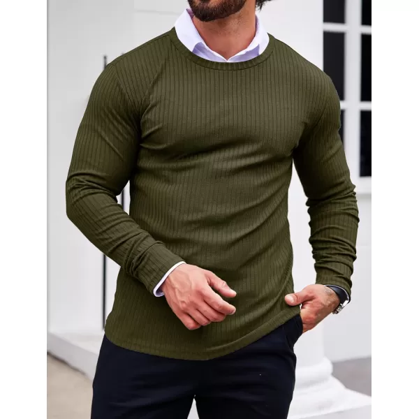 Ekouaer Mens Long Sleeve Shirts Ribbed Pullover Sweater Sim Fit Thermal Tops Crew Neck Stretchy Undershirts SXXLArmy Green