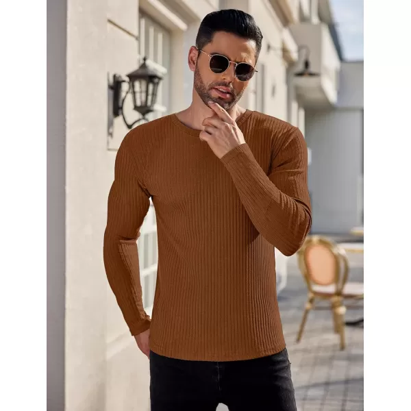 Ekouaer Mens Long Sleeve Shirts Ribbed Pullover Sweater Sim Fit Thermal Tops Crew Neck Stretchy Undershirts SXXLBrown