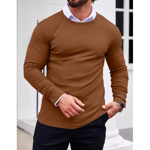 Ekouaer Mens Long Sleeve Shirts Ribbed Pullover Sweater Sim Fit Thermal Tops Crew Neck Stretchy Undershirts SXXLBrown