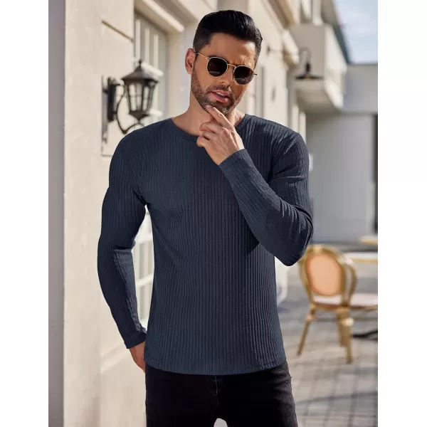 Ekouaer Mens Long Sleeve Shirts Ribbed Pullover Sweater Sim Fit Thermal Tops Crew Neck Stretchy Undershirts SXXLNavy Blue