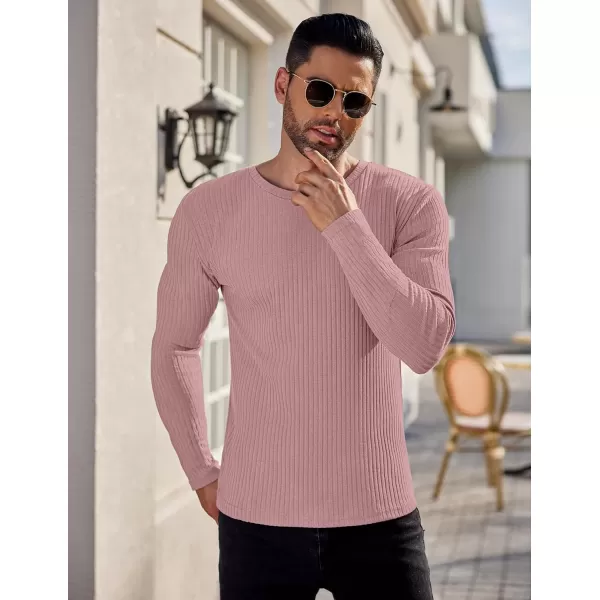 Ekouaer Mens Long Sleeve Shirts Ribbed Pullover Sweater Sim Fit Thermal Tops Crew Neck Stretchy Undershirts SXXLPink