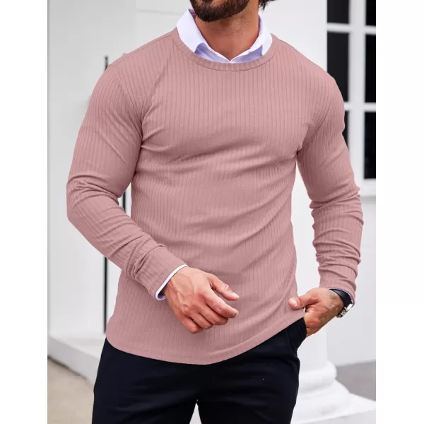 Ekouaer Mens Long Sleeve Shirts Ribbed Pullover Sweater Sim Fit Thermal Tops Crew Neck Stretchy Undershirts SXXLPink