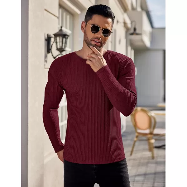 Ekouaer Mens Long Sleeve Shirts Ribbed Pullover Sweater Sim Fit Thermal Tops Crew Neck Stretchy Undershirts SXXLWine Red