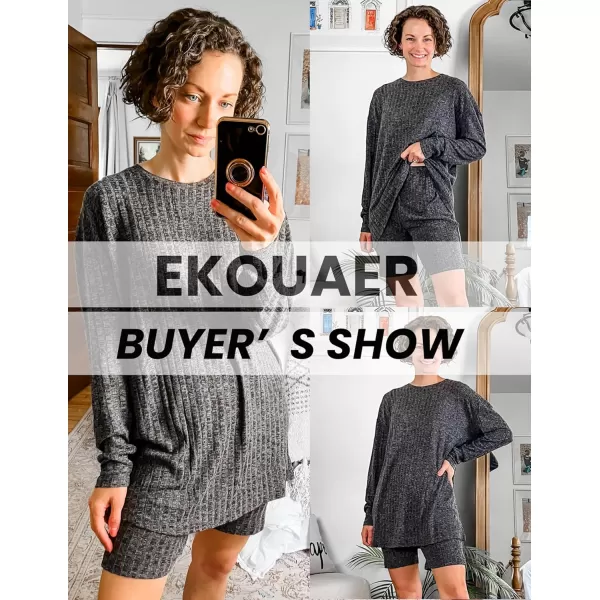 Ekouaer Pajamas 2 Piece Lounge Sets Ribbed Knit Matching Outfits Tshirt Biker Shorts Sleepwear SweatsuitsRegularampPlusLong Sleeve Long Sleeveblack Grey