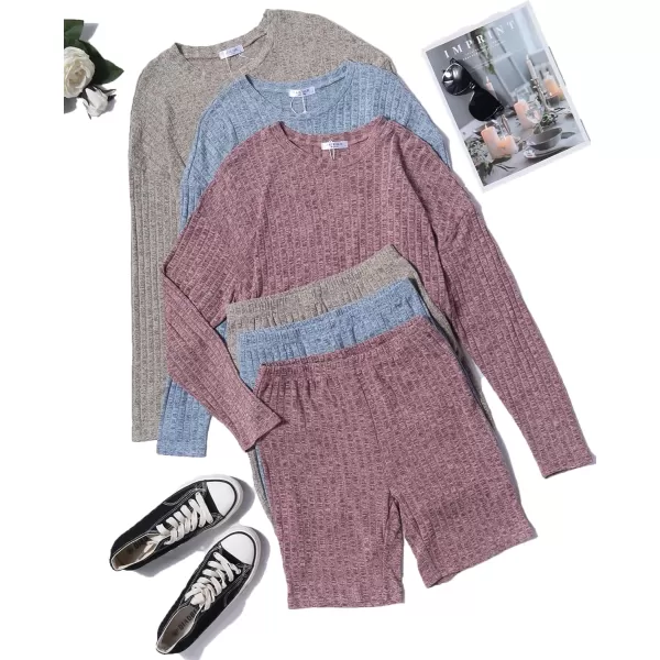 Ekouaer Pajamas 2 Piece Lounge Sets Ribbed Knit Matching Outfits Tshirt Biker Shorts Sleepwear SweatsuitsRegularampPlusLong Sleeve Long Sleevedusty Pink