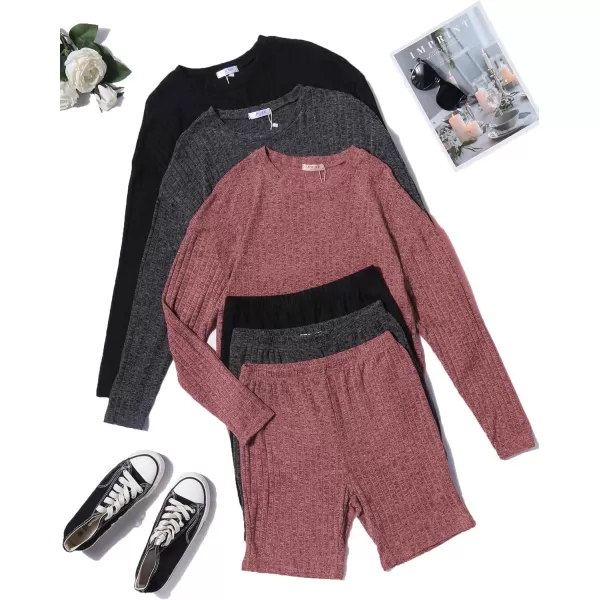 Ekouaer Pajamas 2 Piece Lounge Sets Ribbed Knit Matching Outfits Tshirt Biker Shorts Sleepwear SweatsuitsRegularampPlusLong Sleeve Long Sleevewine Red