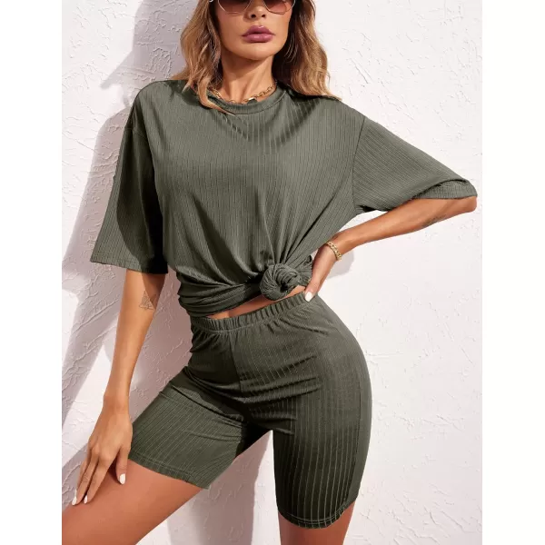 Ekouaer Pajamas 2 Piece Lounge Sets Ribbed Knit Matching Outfits Tshirt Biker Shorts Sleepwear SweatsuitsRegularampPlusShort Sleeve Army Greensolid